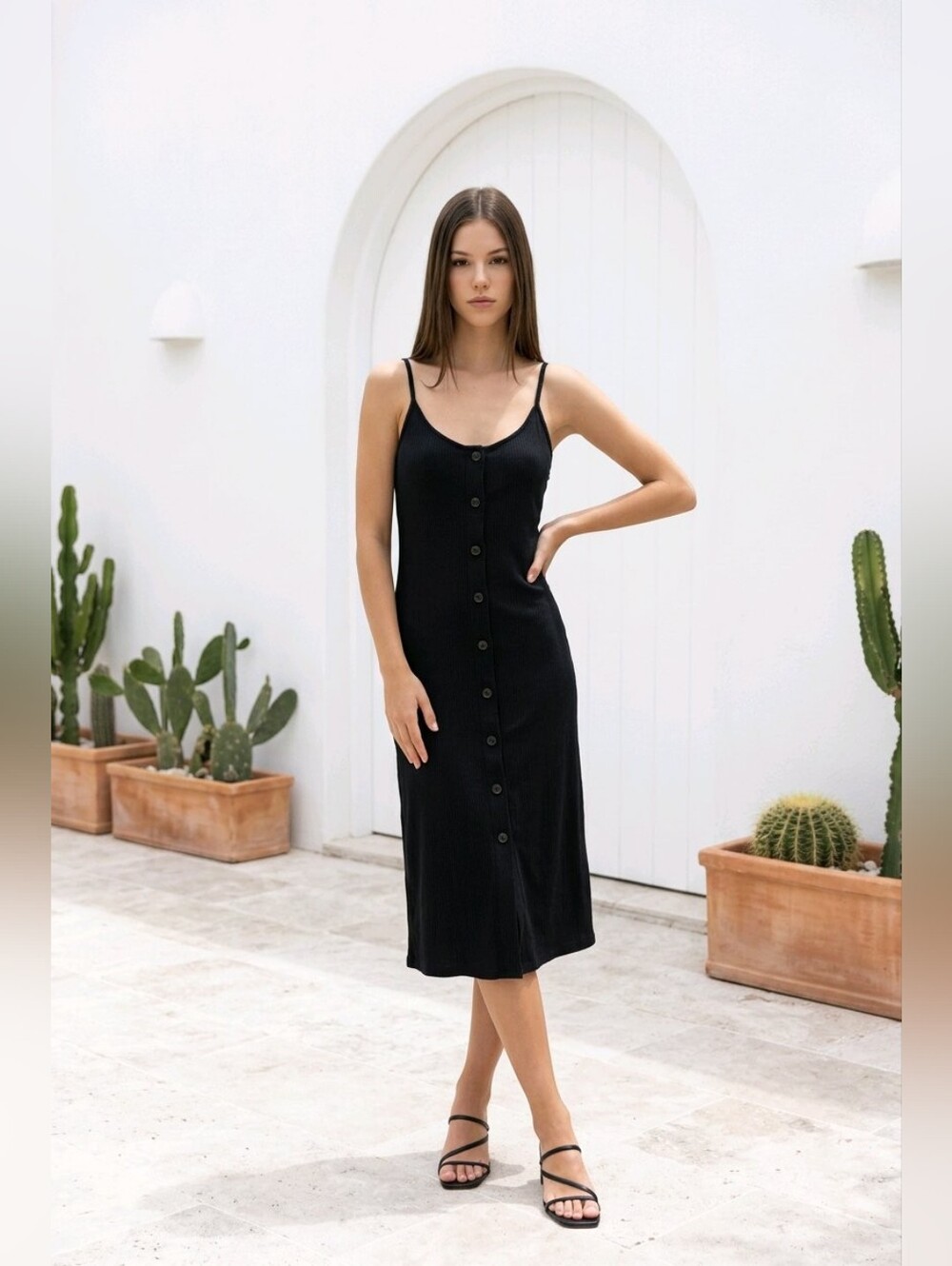 NWT Melanie Lyne Black Ribbed Button-Front Midi Dress, Small